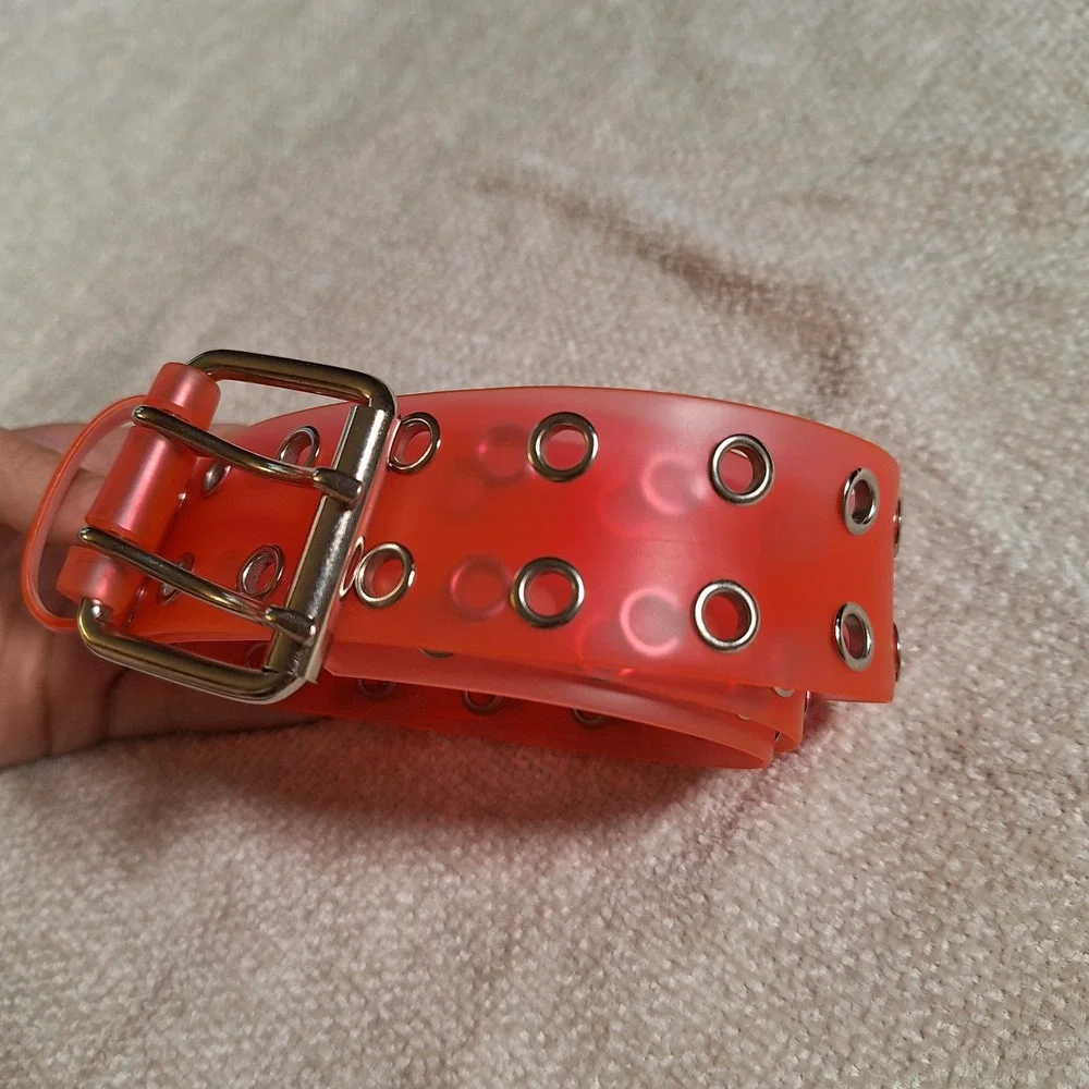Vintage Y2K Barbiecore Hot Pink Rubber Translucent Double Grommet O Ring Belt